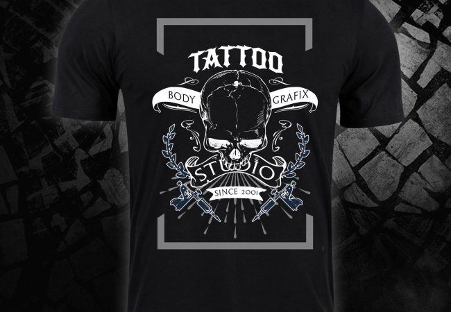 Black T-shirts mockup front and back used as design template.